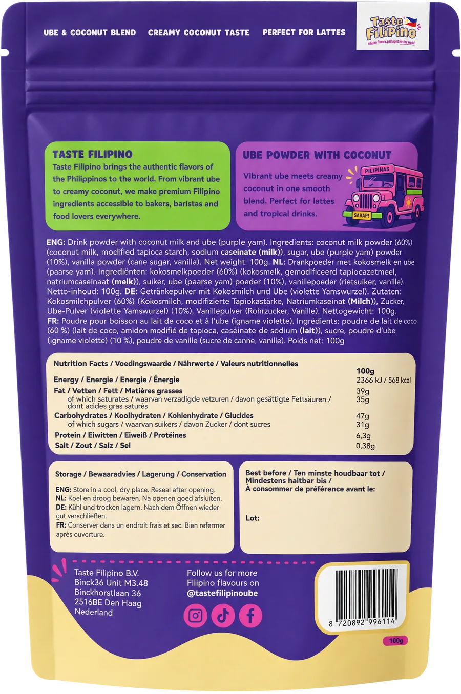 Achterkant van de verpakking van Taste Filipino Ube Coconut Poeder met ingrediënten en voedingswaarde