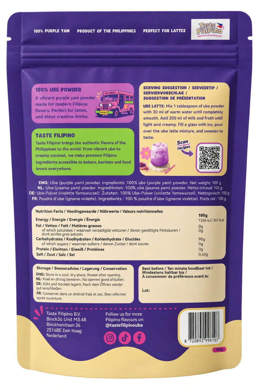 Achterkant van de verpakking van Taste Filipino 100% Ube Poeder met ingrediënten en voedingswaarde