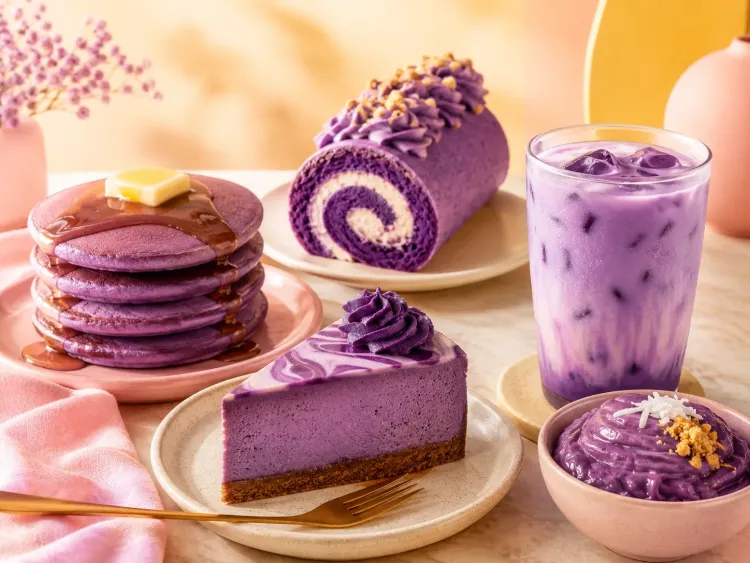 Ube desserts: pancakes, cake roll, cheesecake en ube latte