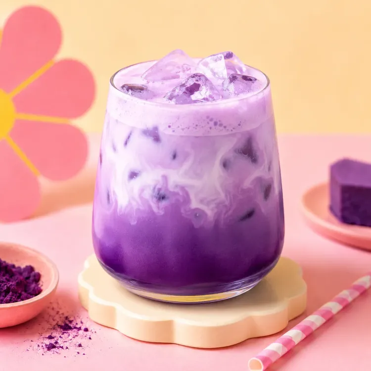 Paarse ube latte gemaakt met ube poeder