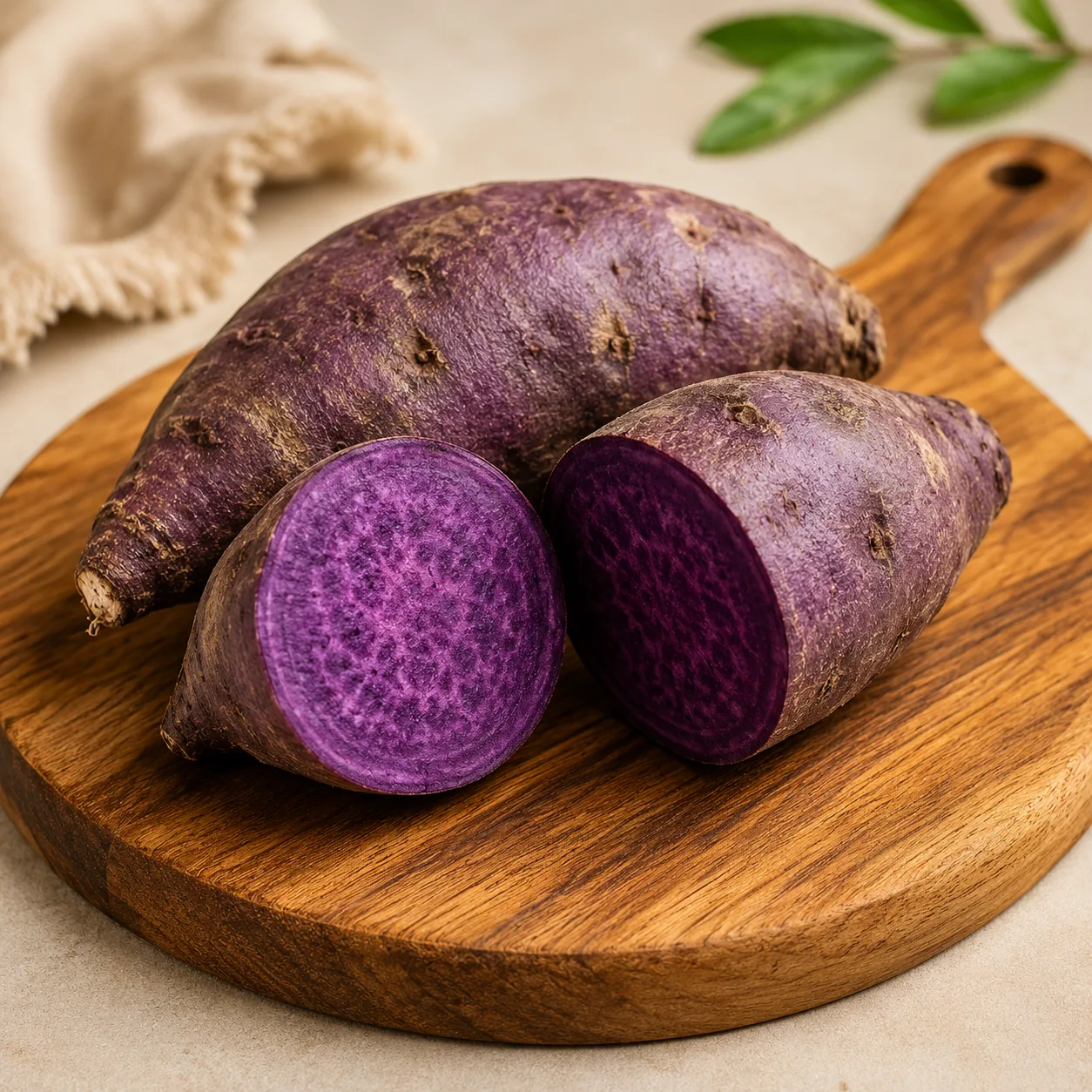 Verse ube wortels, doorgesneden — intens violet vlees met natuurlijke marmering